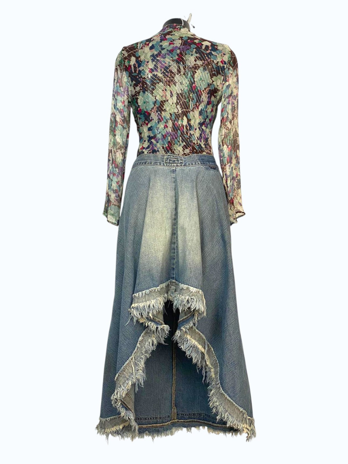 gonna lunga svasata in jeans con stampe