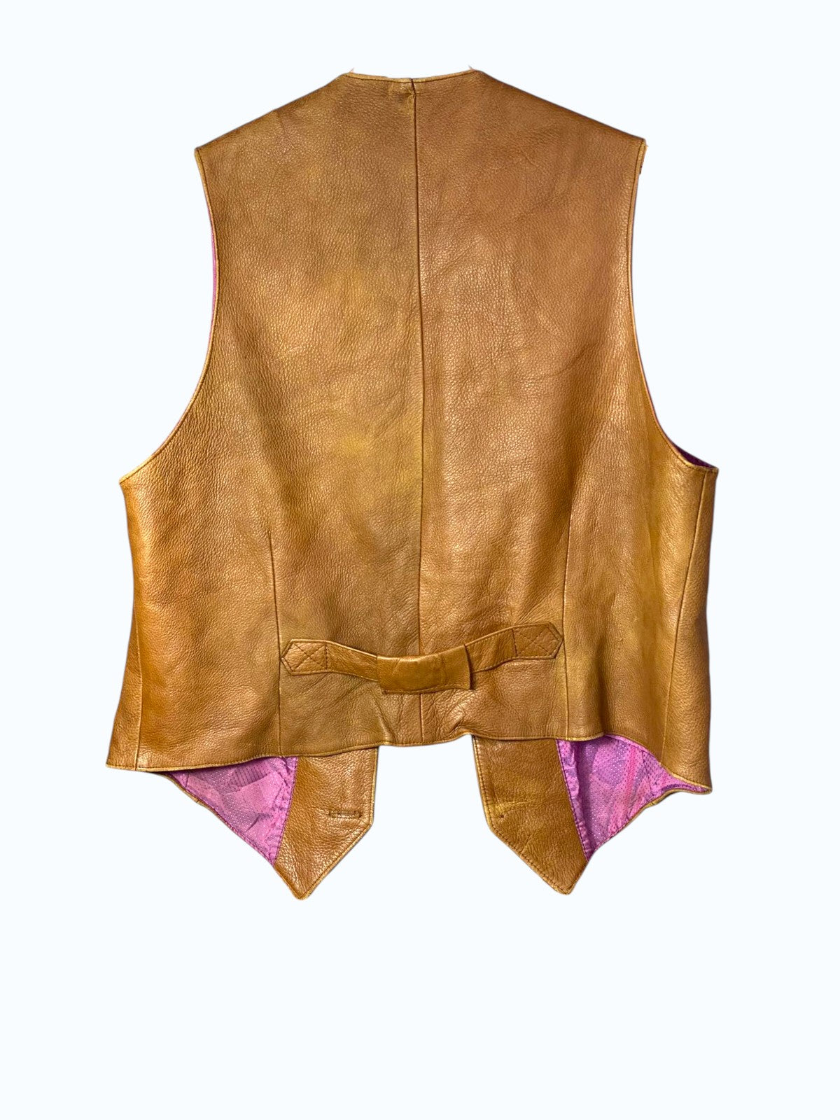 gilet in pelle marrone con fodera in tessuto viola