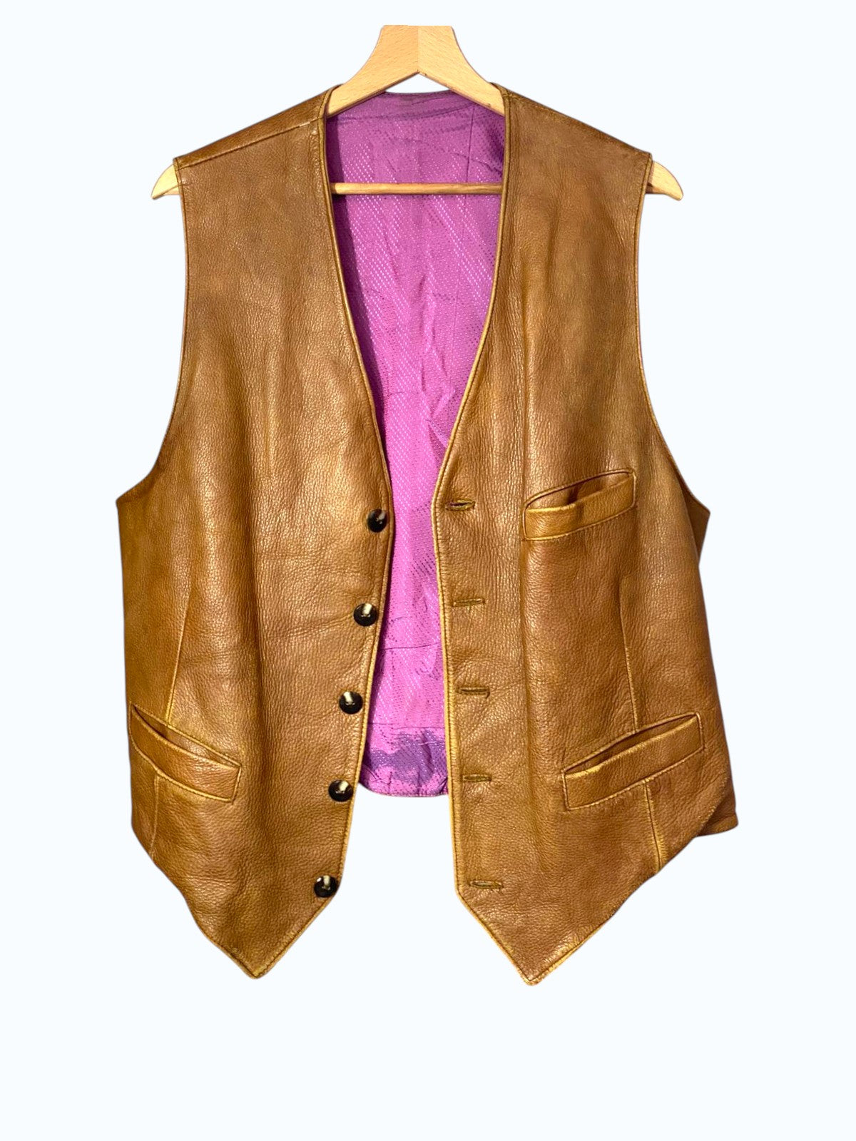gilet in pelle marrone con fodera in tessuto viola