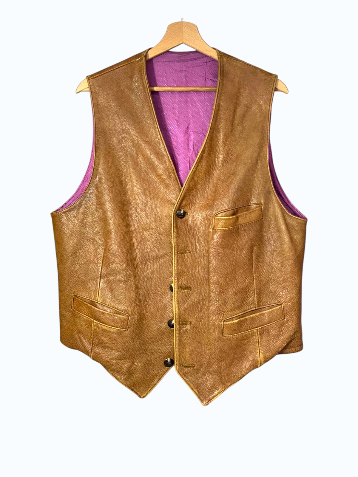 gilet in pelle marrone con fodera in tessuto viola