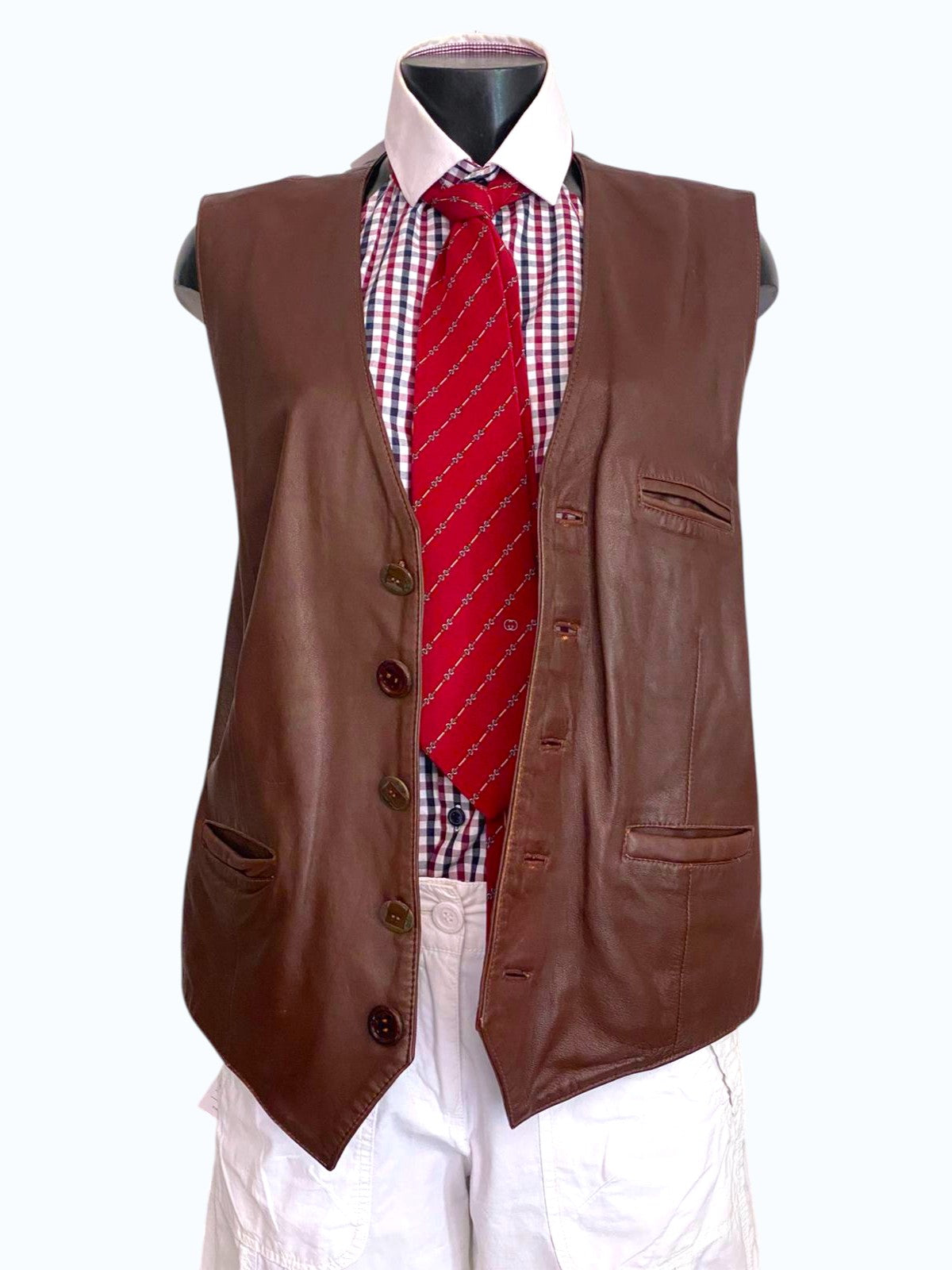 gilet in pelle marrone con fodera interna