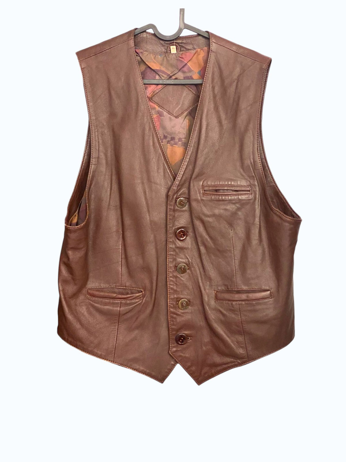 gilet in pelle marrone con fodera interna